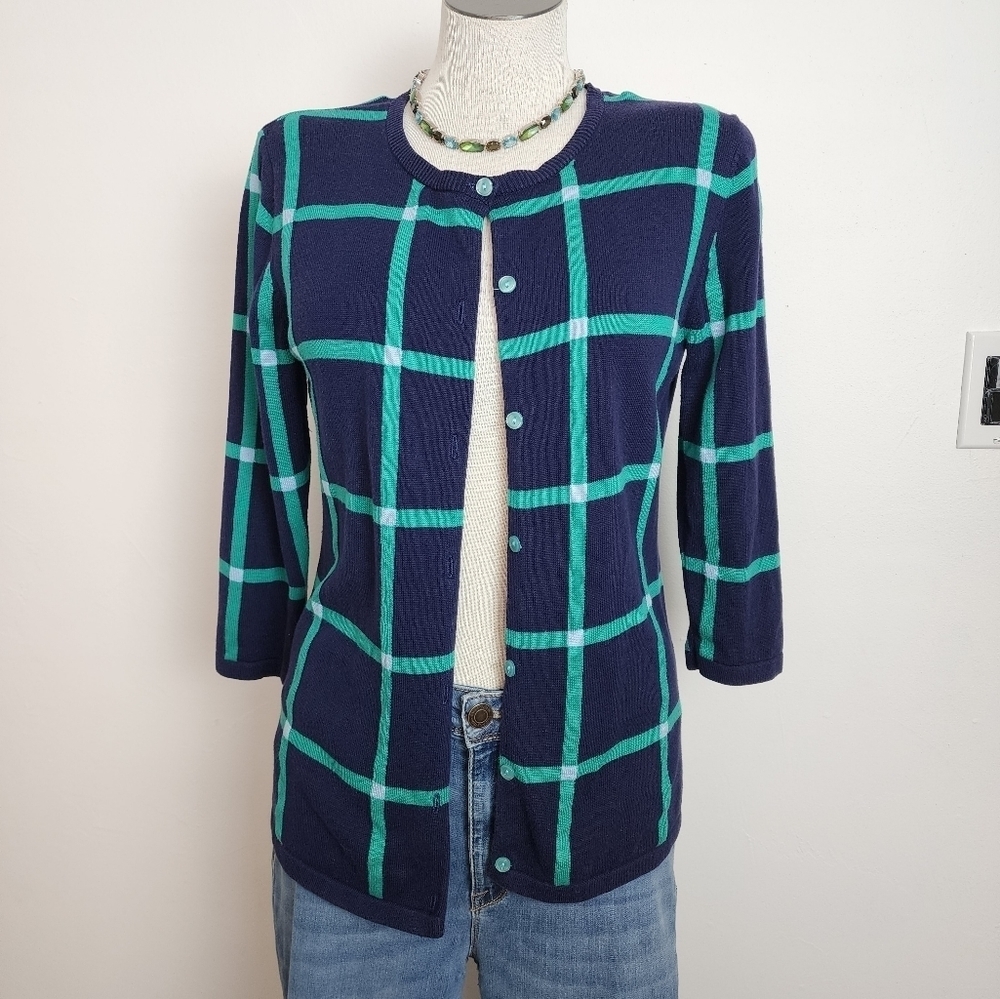 Coldwater Creek Blue & Green Button Down Quarter Sleeve Women's Cardigan Size S
